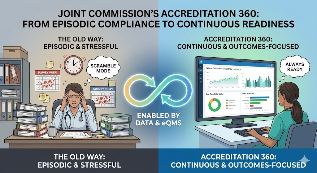 Infographic contrasting the old way of accreditation, episodic and stressful, with Accreditation 360, which is continuous and outcomes-focused, enabled by data and an eQMS.
