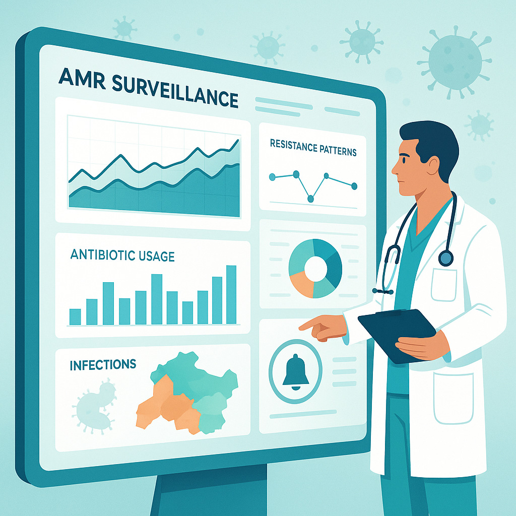 Illustration of a clinician reviewing an antimicrobial resistance surveillance dashboard showing antibiotic usage, resistance patterns and infection trends.