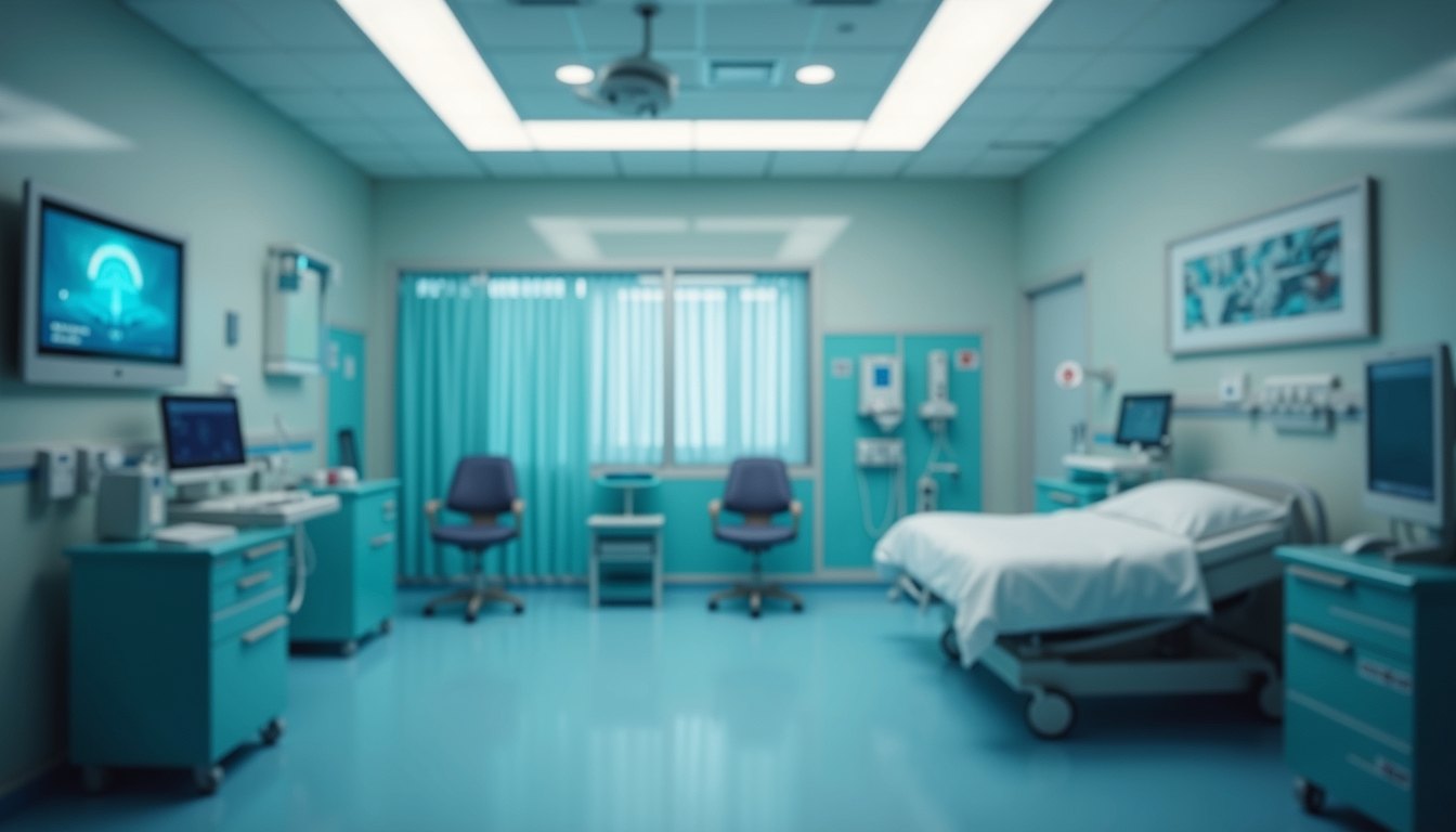 A hospital room equipped with a bed and patient monitoring equipment.