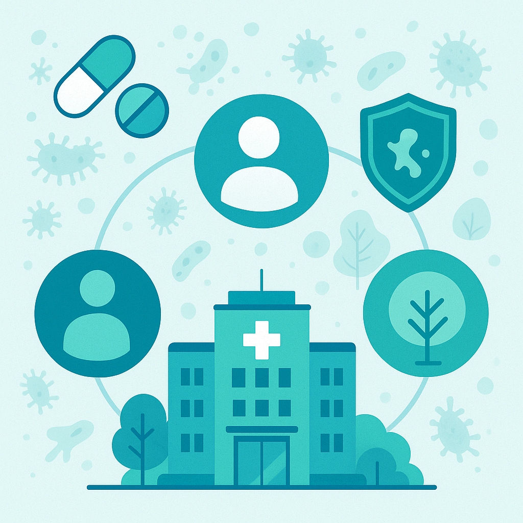 Illustration of a hospital encircled by icons for people, medicines and the environment, representing the One Health approach to antimicrobial resistance.