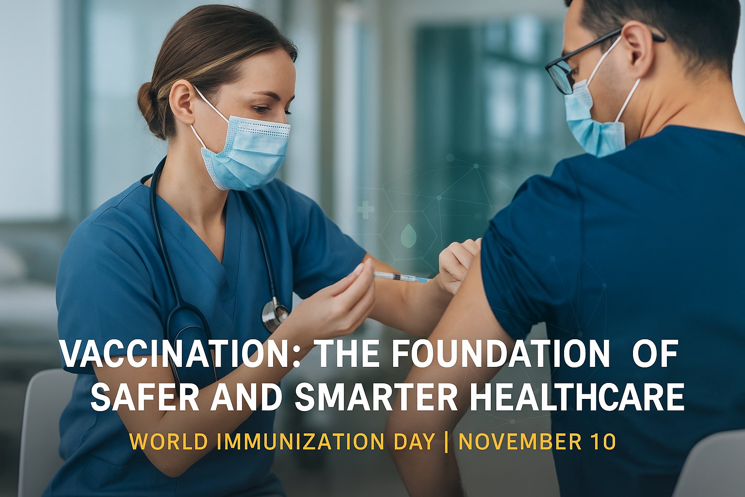 A nurse administering a vaccination to a colleague, captioned Vaccination: the foundation of safer and smarter healthcare, World Immunization Day, November 10.